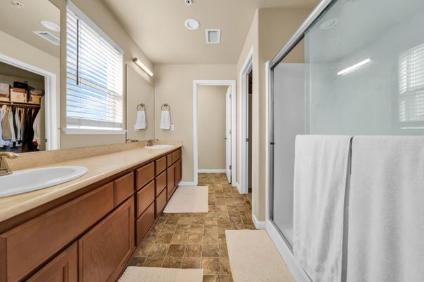 Bathroom, Dual Sink Vanities, Glass Shower, Interior, Recessed Lighting, Walk-in Closets