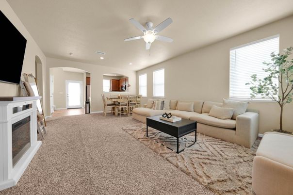 Dining room, Fireplace, Interior, Living room, Recessed Lighting