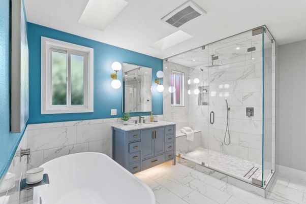 Bathroom, Free Standing Baths, Glass Shower, Interior, Marble, Marble Walls