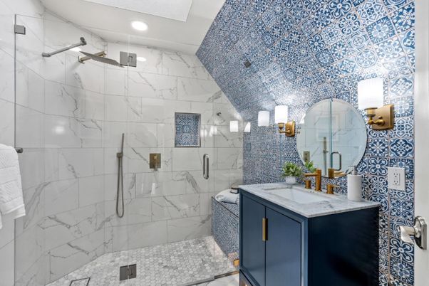 Bathroom, Glass Shower, Interior, Marble Walls, Recessed Lighting