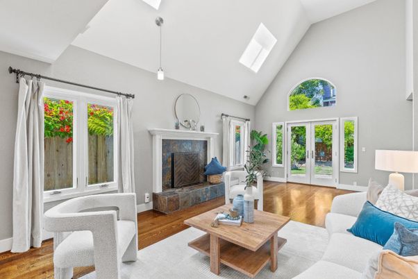 Fireplace, Interior, Living room, Pendant Lights, Wood Texture Flooring
