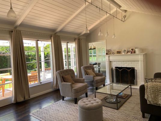 Fireplace, Interior, Living room, Pendant Lights, Wood Texture Flooring