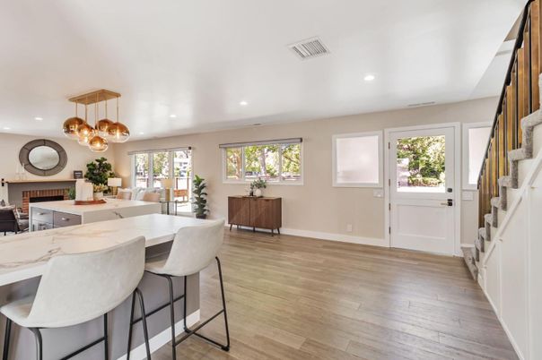 Interior, Kitchen, Living room, Pendant Lights, Recessed Lighting, Wood Texture Flooring