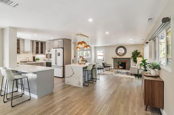 Dining room, Fireplace, Interior, Kitchen, Living room, Pendant Lights, Recessed Lighting, Wood Texture Flooring