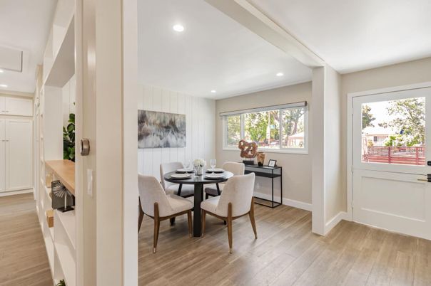 Dining room, Interior, Recessed Lighting, Wood Texture Flooring