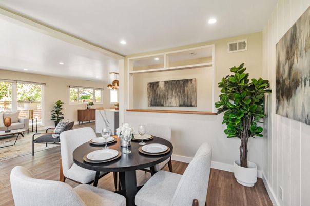 Dining room, Interior, Living room, Pendant Lights, Recessed Lighting, Wood Texture Flooring