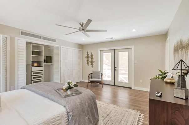 Bedroom, Interior, Recessed Lighting, Wood Texture Flooring