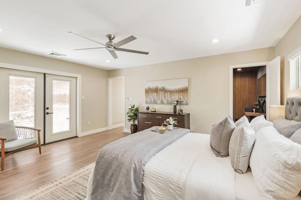 Bedroom, Interior, Recessed Lighting, Wood Texture Flooring