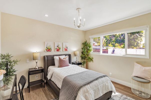 Bedroom, Chandelier, Interior, Recessed Lighting, Wood Texture Flooring