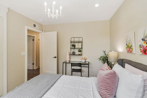 Bedroom, Interior, Recessed Lighting, Wood Texture Flooring