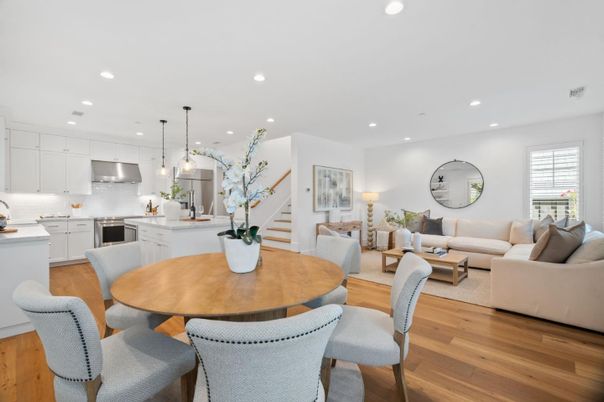 Dining room, Interior, Kitchen, Living room, Pendant Lights, Recessed Lighting, Stainless Steel Appliances, Wood Texture Flooring