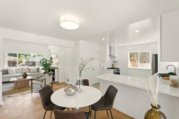 Dining room, Interior, Kitchen, Living room, Recessed Lighting, Stainless Steel Appliances, Wood Texture Flooring