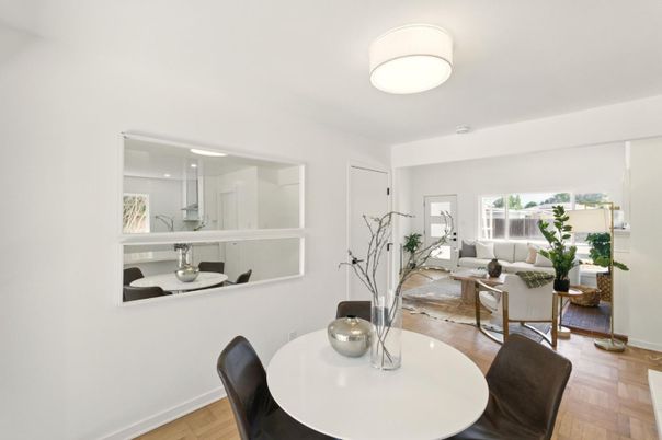 Dining room, Interior, Kitchen, Living room, Recessed Lighting, Wood Texture Flooring