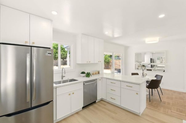 Dining room, Interior, Kitchen, Recessed Lighting, Stainless Steel Appliances, Wood Texture Flooring
