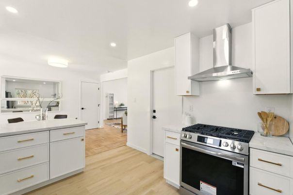 Interior, Kitchen, Recessed Lighting, Stainless Steel Appliances, Wood Texture Flooring