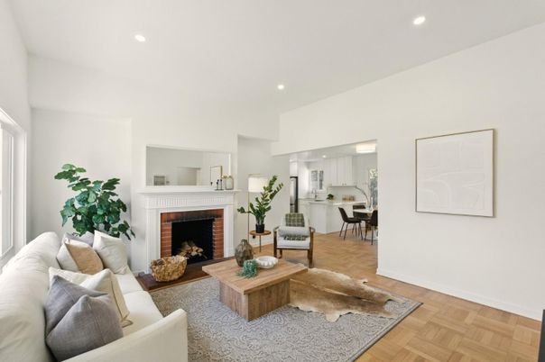 Dining room, Fireplace, Interior, Living room, Recessed Lighting, Wood Texture Flooring