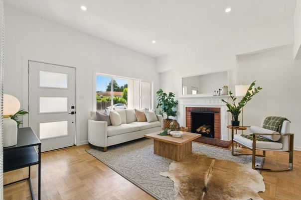 Fireplace, Interior, Living room, Recessed Lighting, Wood Texture Flooring