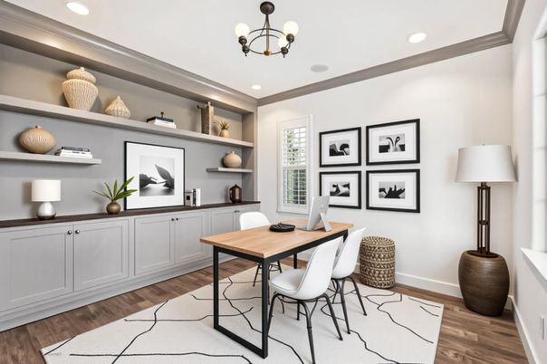 Chandelier, Home Office, Interior, Recessed Lighting, Wood Texture Flooring