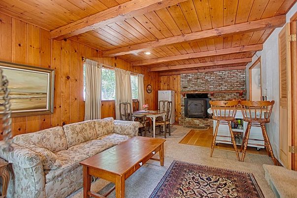 Dining room, Fireplace, Interior, Living room, Recessed Lighting, Stone Walls, Wooden Beams, Wooden Ceilings, Wooden Walls