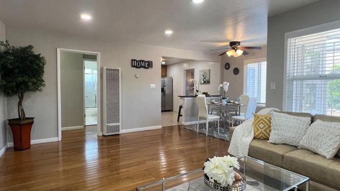 Dining room, Interior, Living room, Recessed Lighting, Wood Texture Flooring