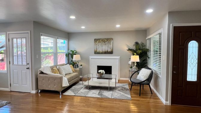Fireplace, Interior, Living room, Recessed Lighting, Wood Texture Flooring
