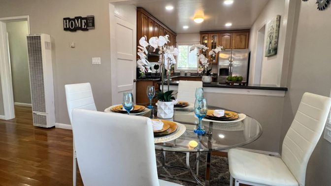 Dining room, Interior, Kitchen, Recessed Lighting, Stainless Steel Appliances, Wood Texture Flooring