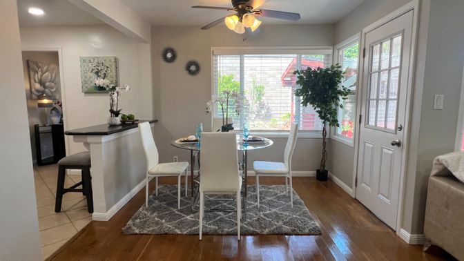 Dining room, Interior, Recessed Lighting, Wood Texture Flooring