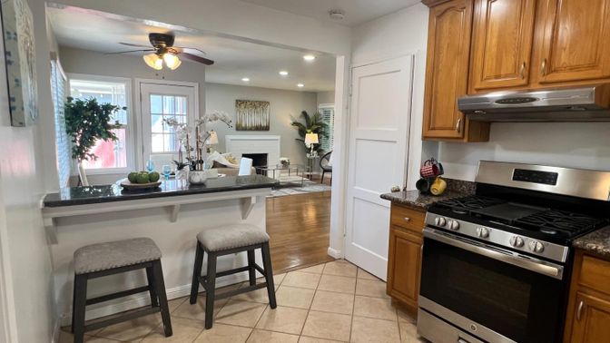 Fireplace, Interior, Kitchen, Recessed Lighting, Stainless Steel Appliances
