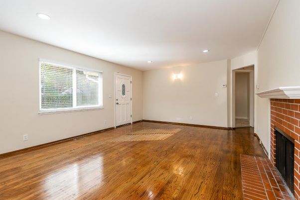 Empty room, Fireplace, Interior, Recessed Lighting, Wood Texture Flooring