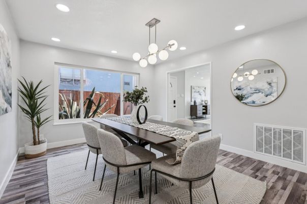 Dining room, Interior, Pendant Lights, Recessed Lighting, Wood Texture Flooring