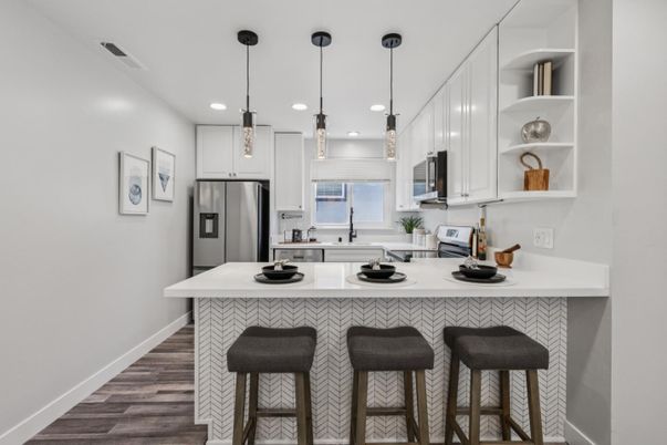 Interior, Kitchen, Pendant Lights, Recessed Lighting, Stainless Steel Appliances, Wood Texture Flooring