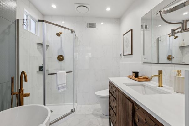 Bathroom, Dual Sink Vanities, Glass Shower, Interior, Marble, Marble Walls, Recessed Lighting
