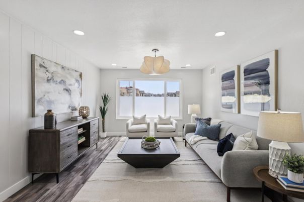 Interior, Living room, Pendant Lights, Recessed Lighting, Wood Texture Flooring