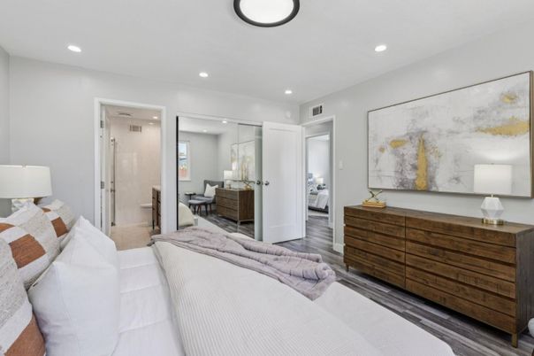 Bathroom, Bedroom, Glass Shower, Interior, Recessed Lighting, Wood Texture Flooring