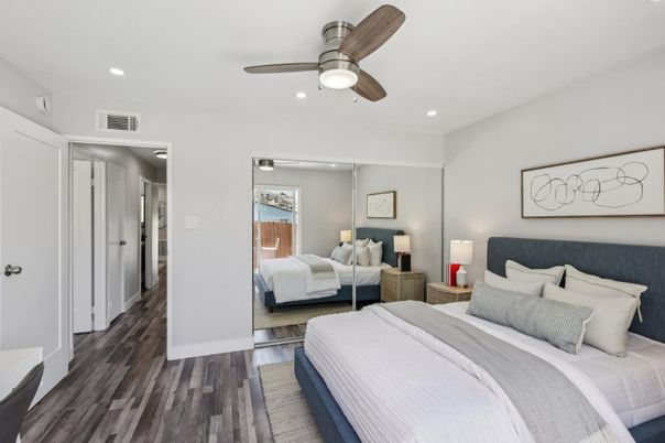 Bedroom, Interior, Recessed Lighting, Wood Texture Flooring