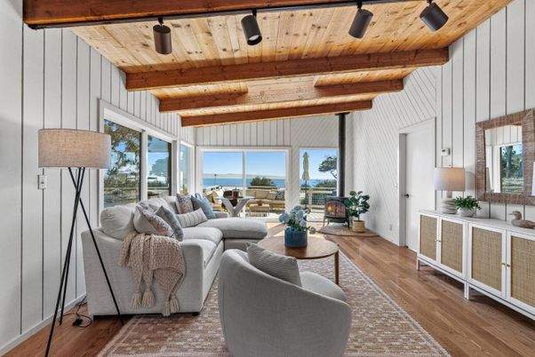 Fireplace, Interior, Living room, Pendant Lights, Water, Wooden Beams, Wooden Ceilings, Wood Texture Flooring