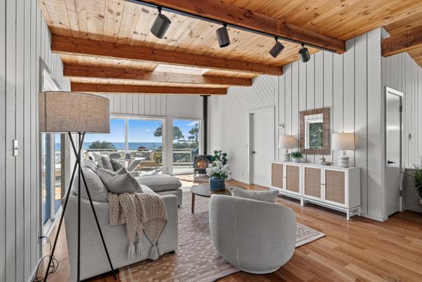 Fireplace, Interior, Living room, Water, Wooden Beams, Wooden Ceilings, Wood Texture Flooring