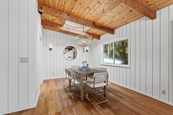 Chandelier, Dining room, Interior, Wooden Beams, Wooden Ceilings, Wood Texture Flooring