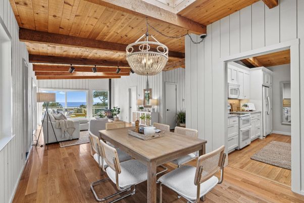 Chandelier, Dining room, Interior, Living room, Pendant Lights, Water, Wooden Beams, Wooden Ceilings, Wood Texture Flooring