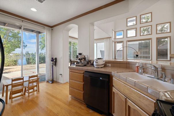 Dining room, Interior, Kitchen, Recessed Lighting, Tile Countertops, Wood Texture Flooring