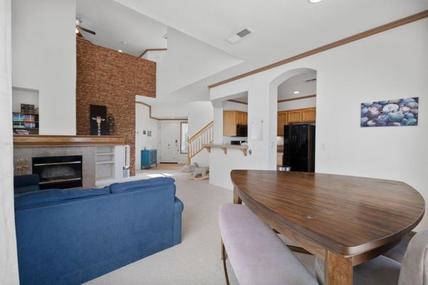 Dining room, Fireplace, Interior, Kitchen, Living room, Recessed Lighting, Stone Walls
