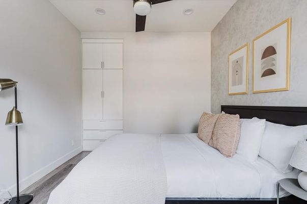 Bedroom, Interior, Recessed Lighting, Wood Texture Flooring
