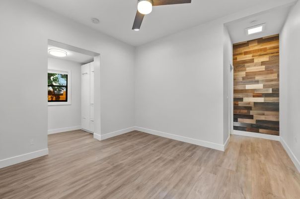 Empty room, Interior, Recessed Lighting, Wood Texture Flooring, Wooden Walls