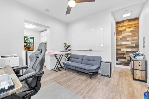 Home Office, Interior, Recessed Lighting, Wood Texture Flooring, Wooden Walls
