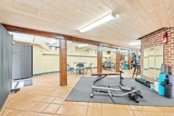 Fitness Equipment, Interior, Stone Walls, Wooden Ceilings