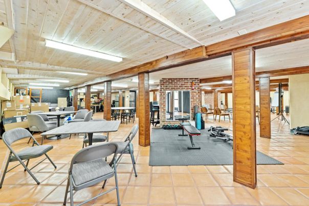 Dining room, Fitness Equipment, Interior, Stone Walls, Wooden Beams, Wooden Ceilings