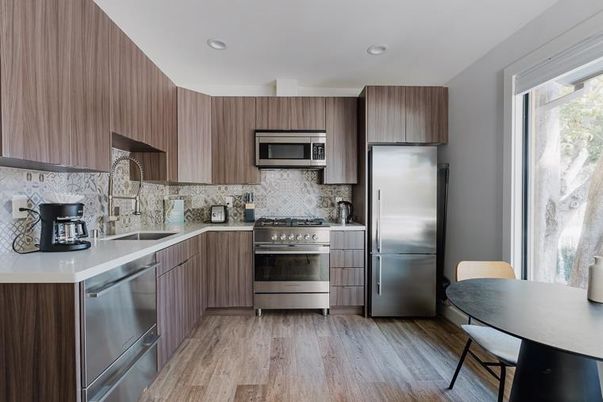 Interior, Kitchen, Recessed Lighting, Stainless Steel Appliances, Wood Texture Flooring