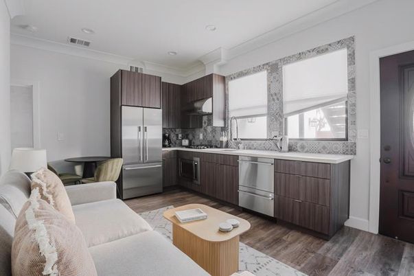 Interior, Kitchen, Living room, Recessed Lighting, Stainless Steel Appliances, Wood Texture Flooring