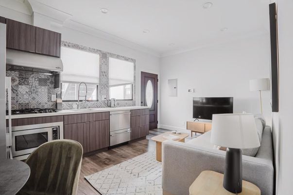 Interior, Kitchen, Living room, Recessed Lighting, Stainless Steel Appliances, Wood Texture Flooring