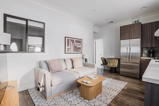 Interior, Kitchen, Living room, Recessed Lighting, Stainless Steel Appliances, Wood Texture Flooring